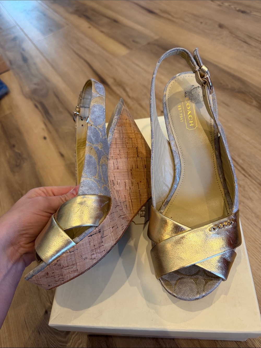 Coach Metallic Gold Cork Wedge Slingback Sandals W7.5